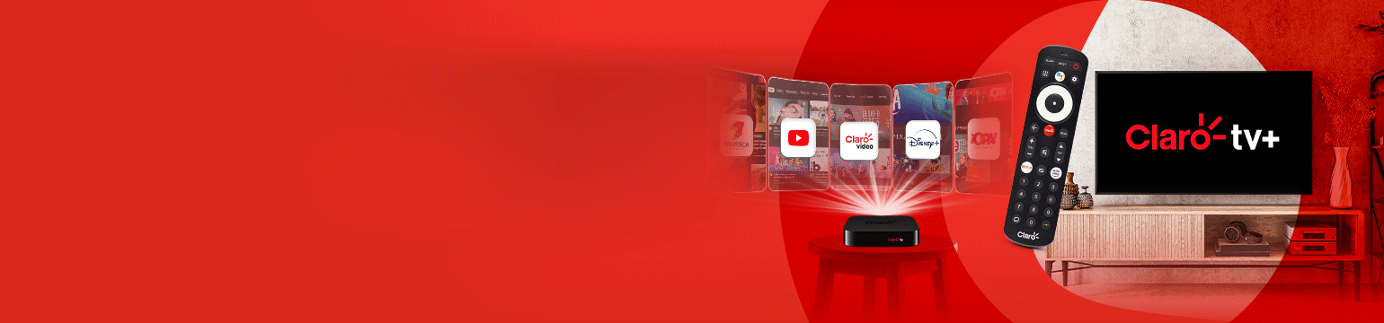 Mando de Claro TV+ Costa Rica frente a varias pantallas con logos de aplicaciones de streaming y canales Control en mano, accedé a todas tus apps de entretenimiento favoritas desde un solo lugar con Claro TV Box Costa Rica